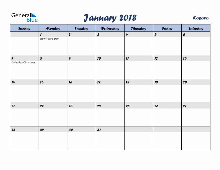 January 2018 Calendar with Holidays in Kosovo
