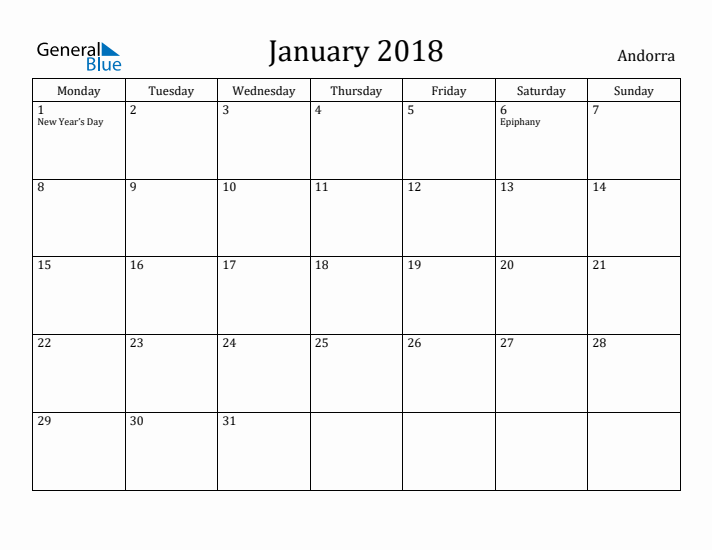 January 2018 Calendar Andorra