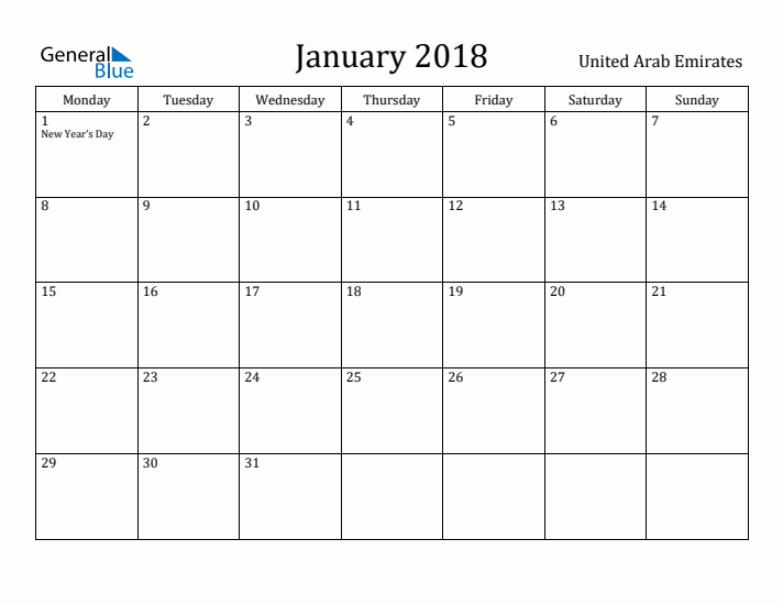 January 2018 Calendar United Arab Emirates