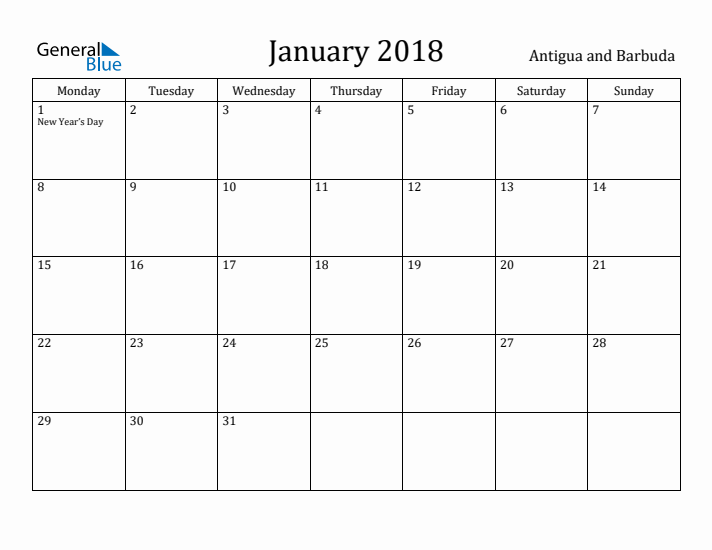 January 2018 Calendar Antigua and Barbuda