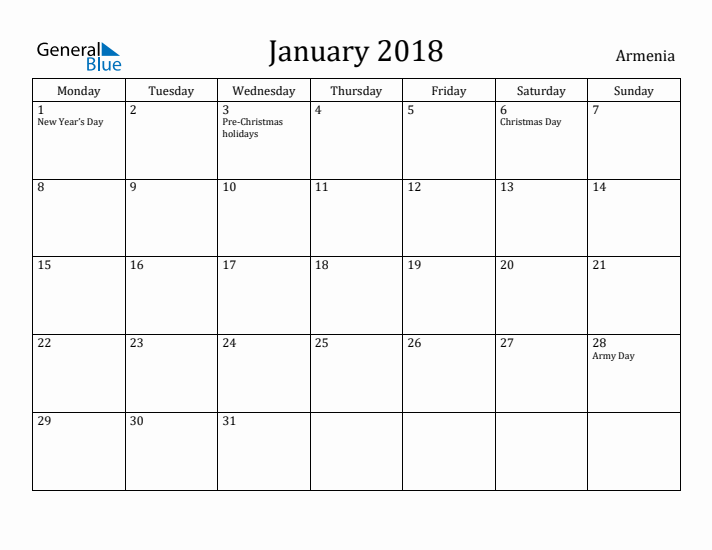 January 2018 Calendar Armenia