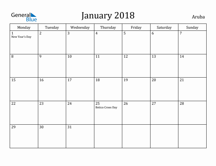 January 2018 Calendar Aruba