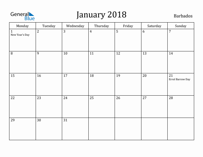 January 2018 Calendar Barbados