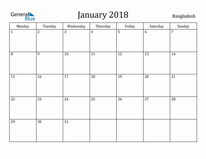 January 2018 Calendar Bangladesh