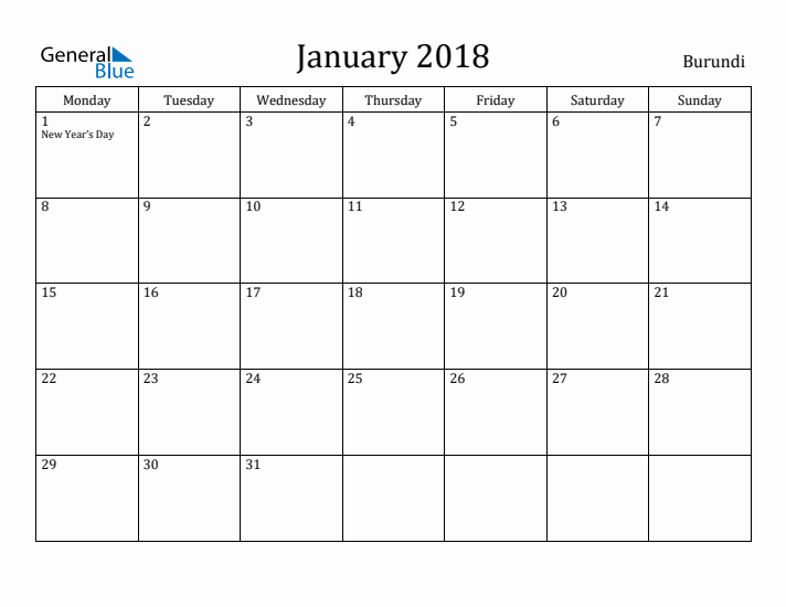 January 2018 Calendar Burundi