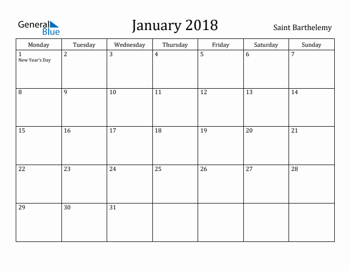 January 2018 Calendar Saint Barthelemy