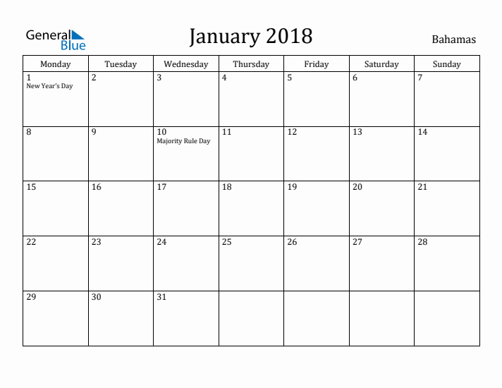January 2018 Calendar Bahamas
