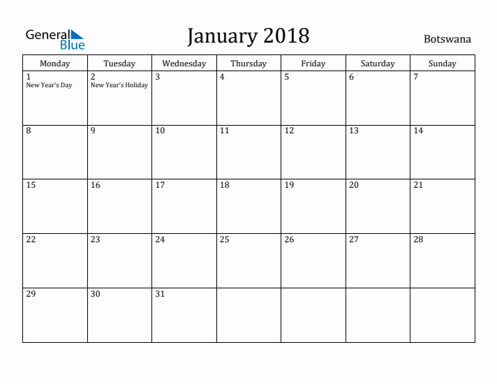 January 2018 Calendar Botswana