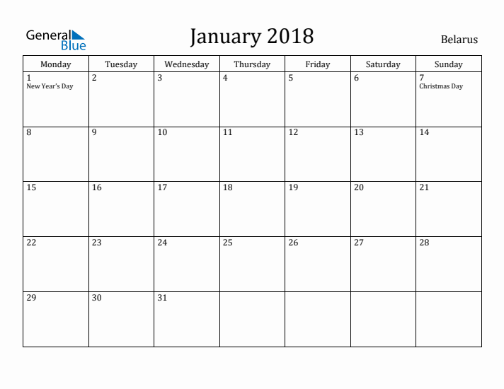 January 2018 Calendar Belarus