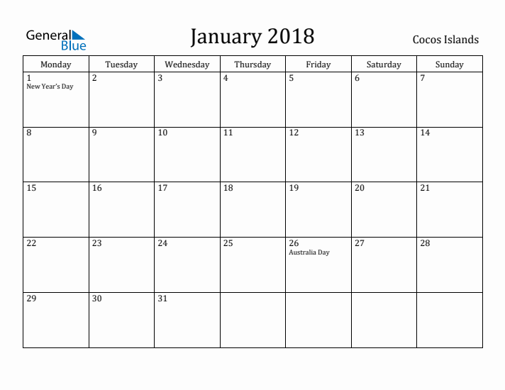 January 2018 Calendar Cocos Islands