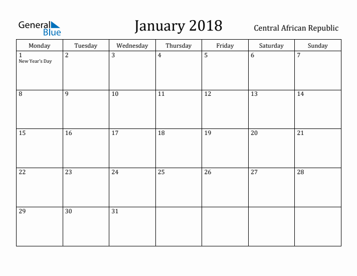 January 2018 Calendar Central African Republic