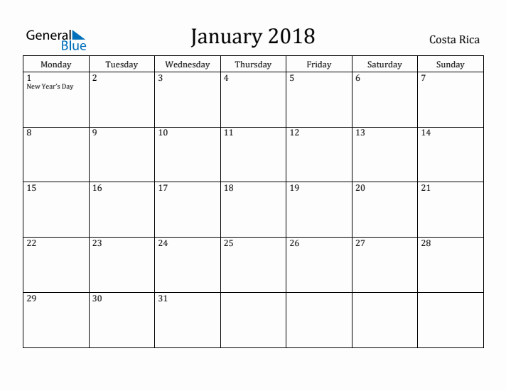 January 2018 Calendar Costa Rica