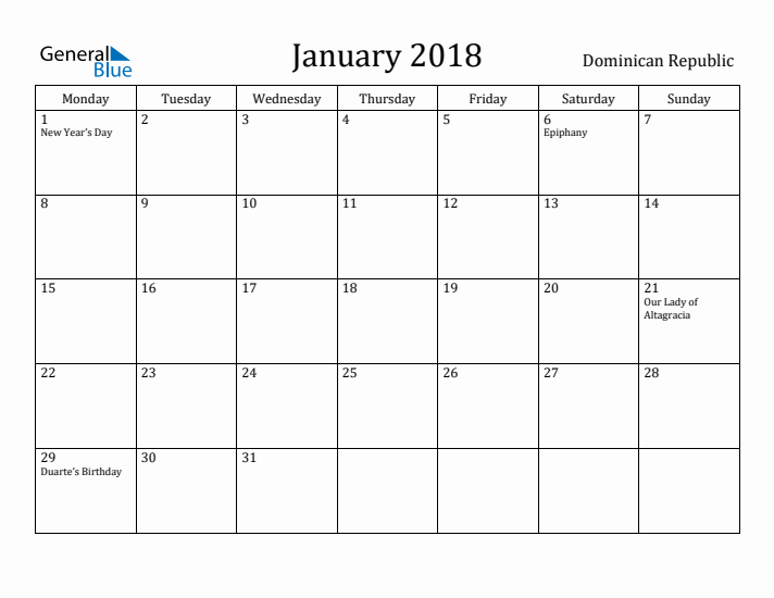 January 2018 Calendar Dominican Republic