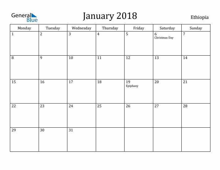 January 2018 Calendar Ethiopia