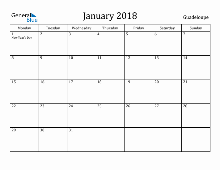 January 2018 Calendar Guadeloupe