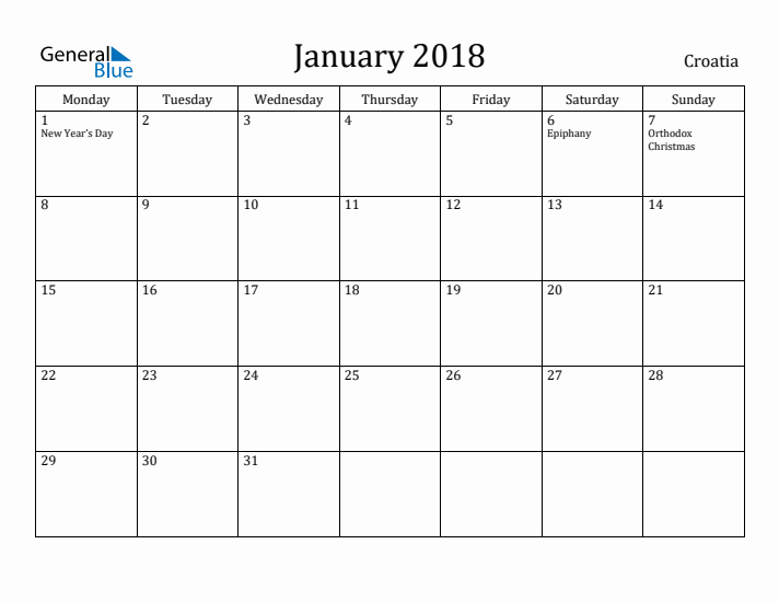 January 2018 Calendar Croatia