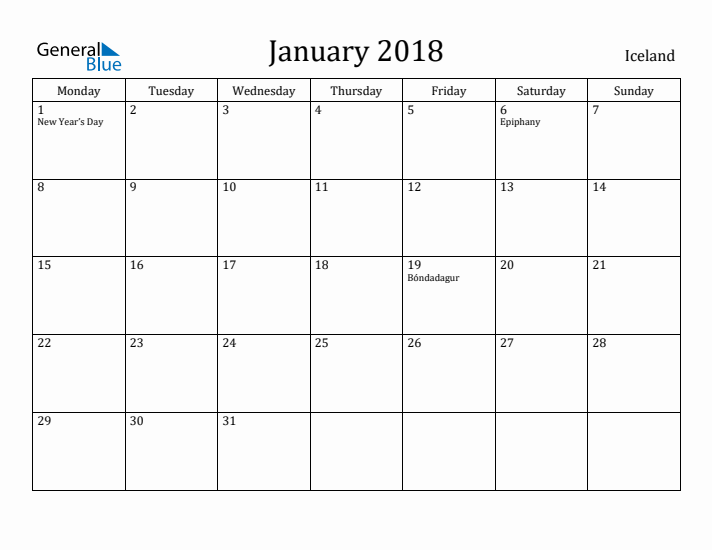 January 2018 Calendar Iceland