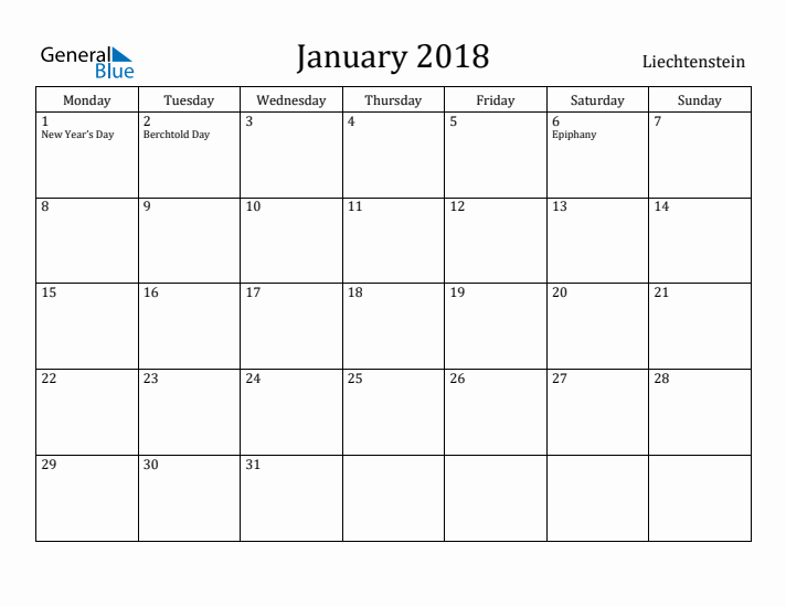 January 2018 Calendar Liechtenstein