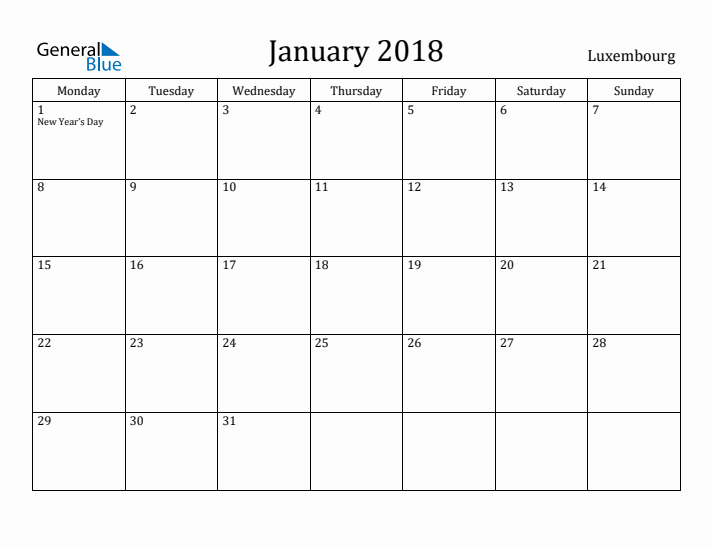 January 2018 Calendar Luxembourg