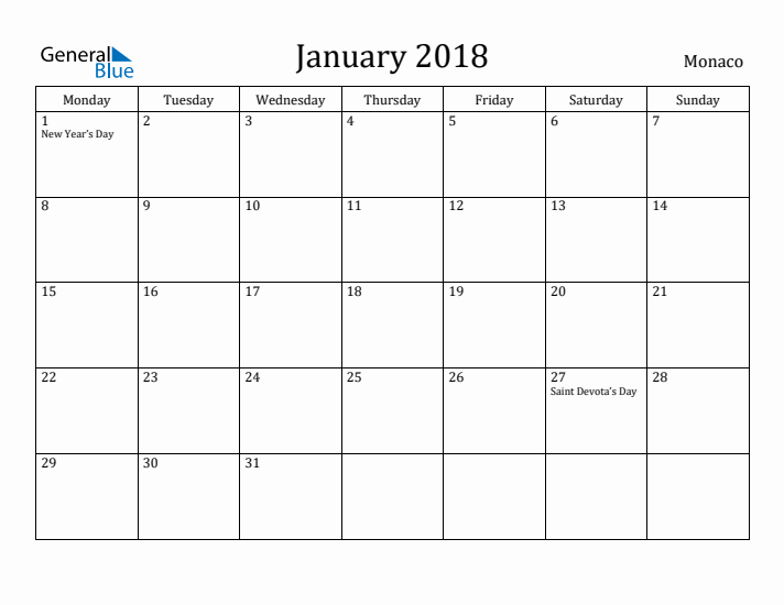 January 2018 Calendar Monaco