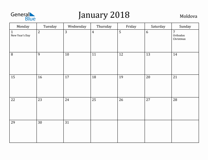 January 2018 Calendar Moldova