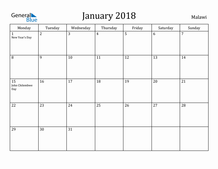 January 2018 Calendar Malawi