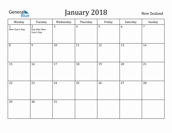 January 2018 Calendar New Zealand