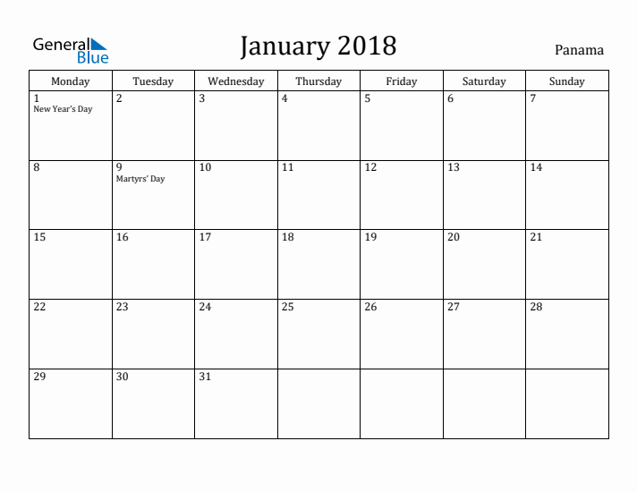 January 2018 Calendar Panama