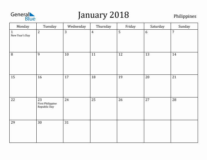 January 2018 Calendar Philippines