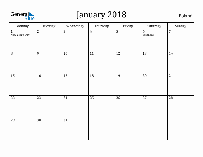 January 2018 Calendar Poland