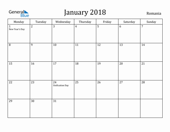 January 2018 Calendar Romania