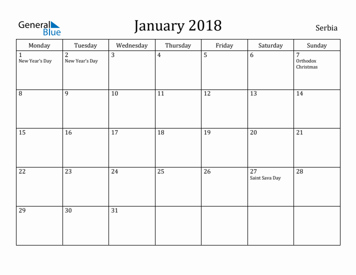 January 2018 Calendar Serbia