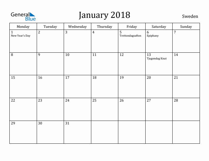 January 2018 Calendar Sweden