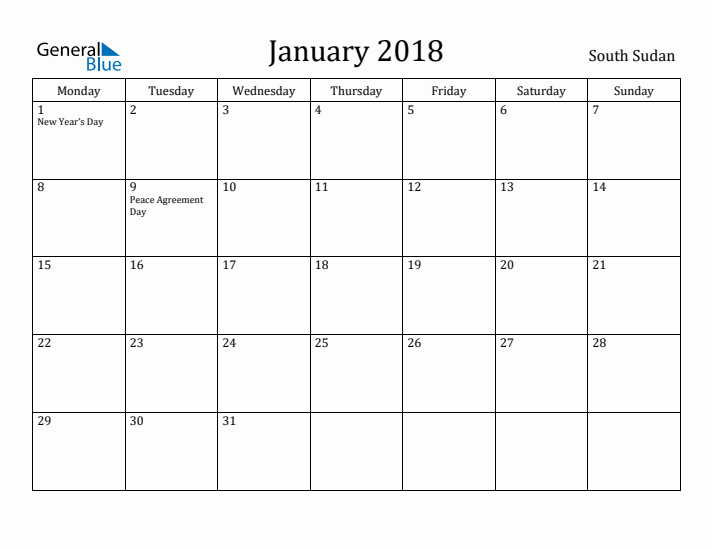 January 2018 Calendar South Sudan
