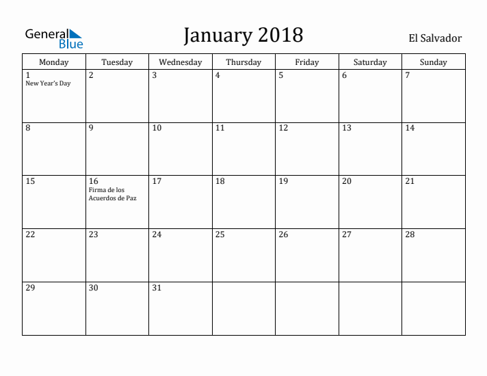 January 2018 Calendar El Salvador