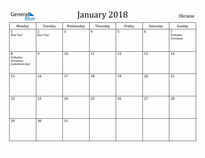 January 2018 Calendar Ukraine
