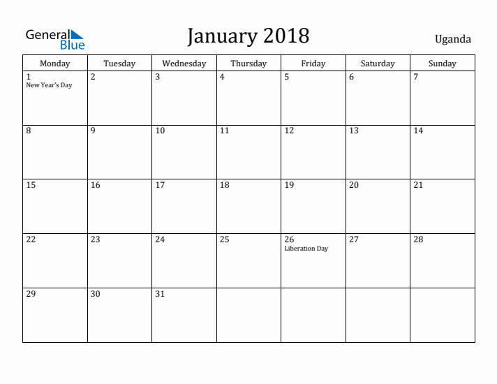 January 2018 Calendar Uganda