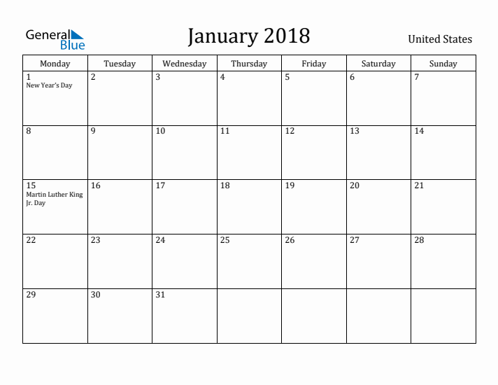 January 2018 Calendar United States