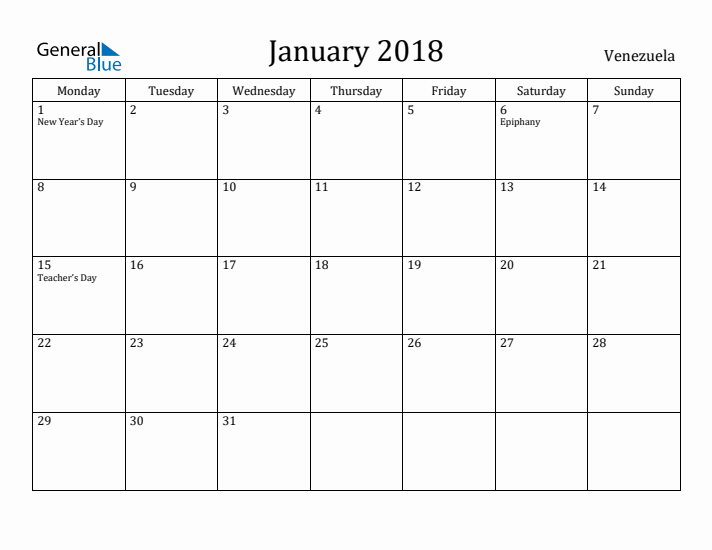 January 2018 Calendar Venezuela