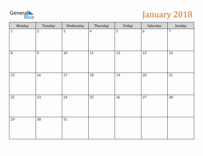 Editable January 2018 Calendar