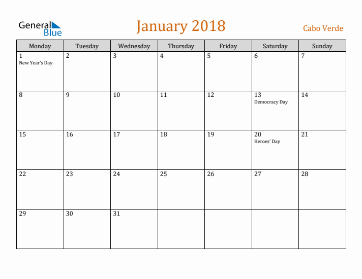 January 2018 Holiday Calendar with Monday Start