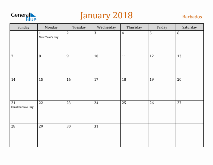 January 2018 Holiday Calendar with Sunday Start