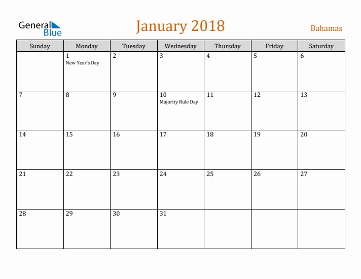 January 2018 Holiday Calendar with Sunday Start