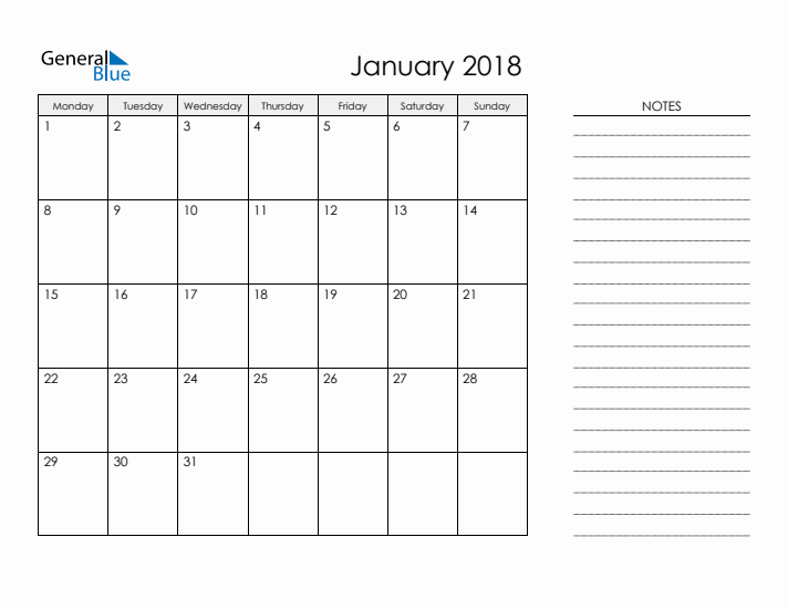 Printable Monthly Calendar with Notes - January 2018