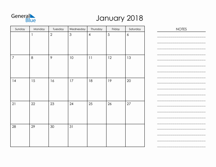 Printable Monthly Calendar with Notes - January 2018