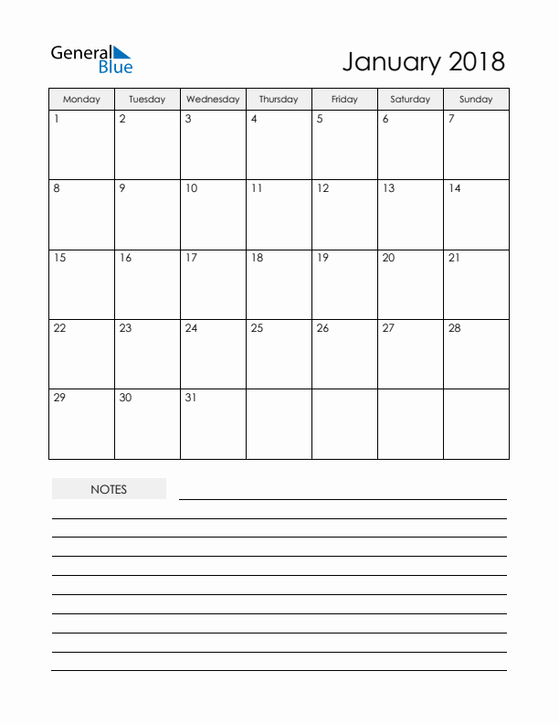 Printable Calendar with Notes - January 2018 