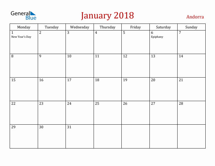 Andorra January 2018 Calendar - Monday Start