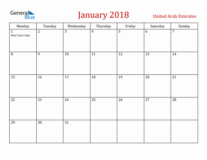 United Arab Emirates January 2018 Calendar - Monday Start