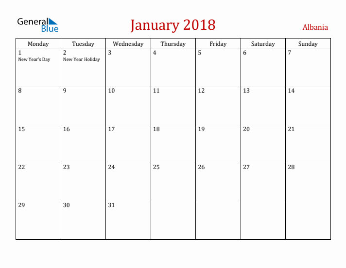 Albania January 2018 Calendar - Monday Start