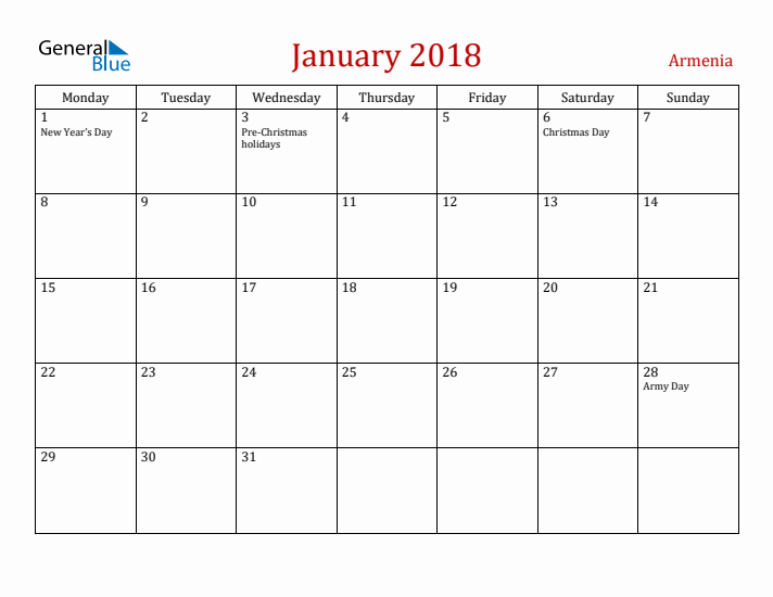 Armenia January 2018 Calendar - Monday Start